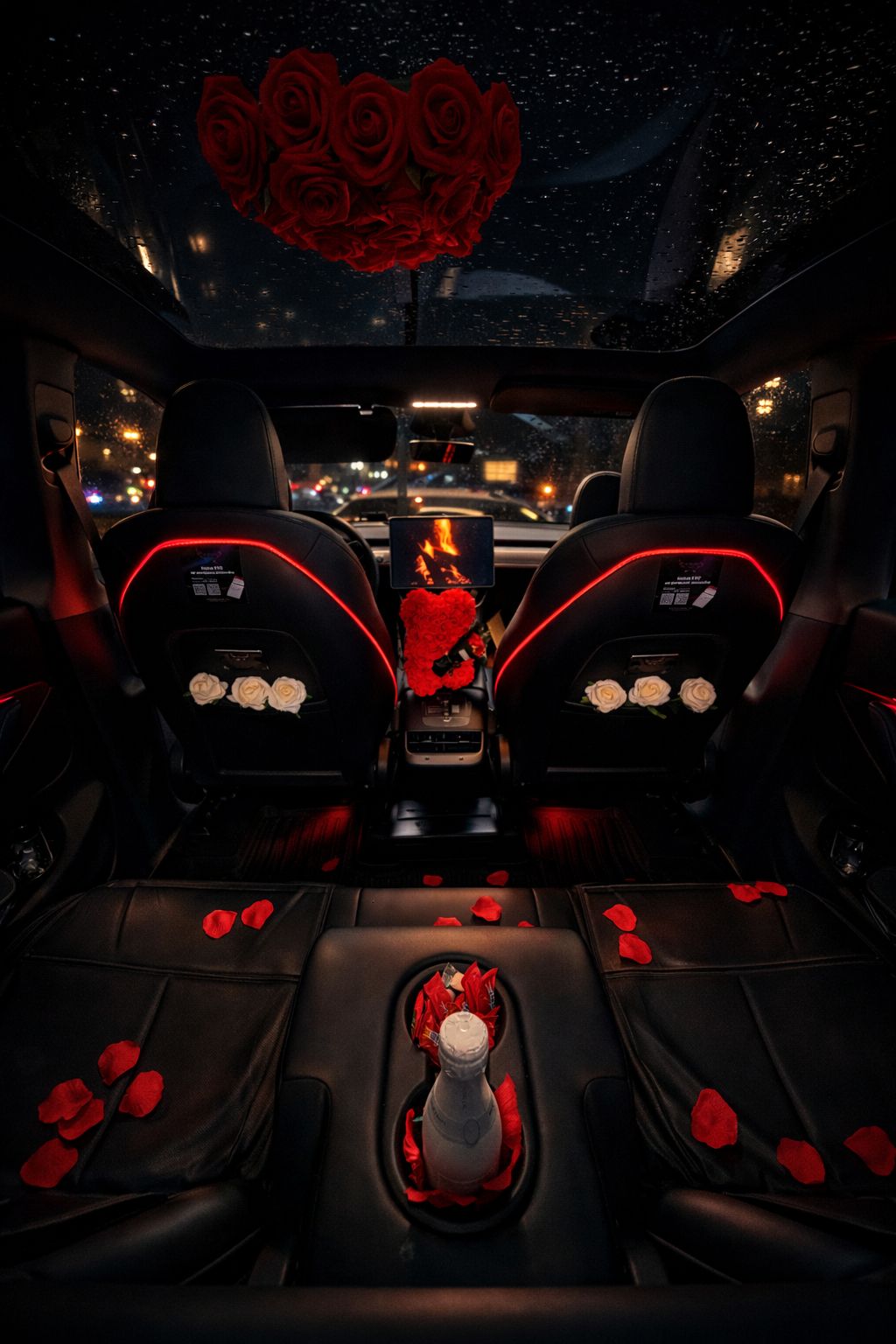 Intérieur Tesla Model Y décoré roses rouges pétales romantique Toulouse