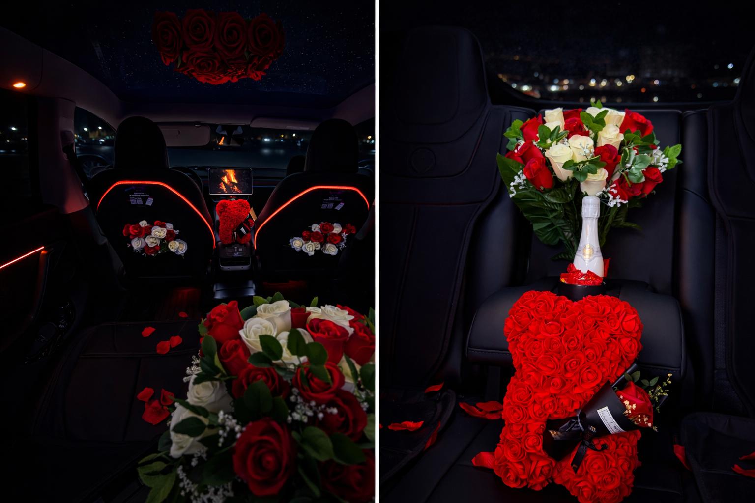 Tesla Model Y roses bouquet champagne soirée romantique Toulouse