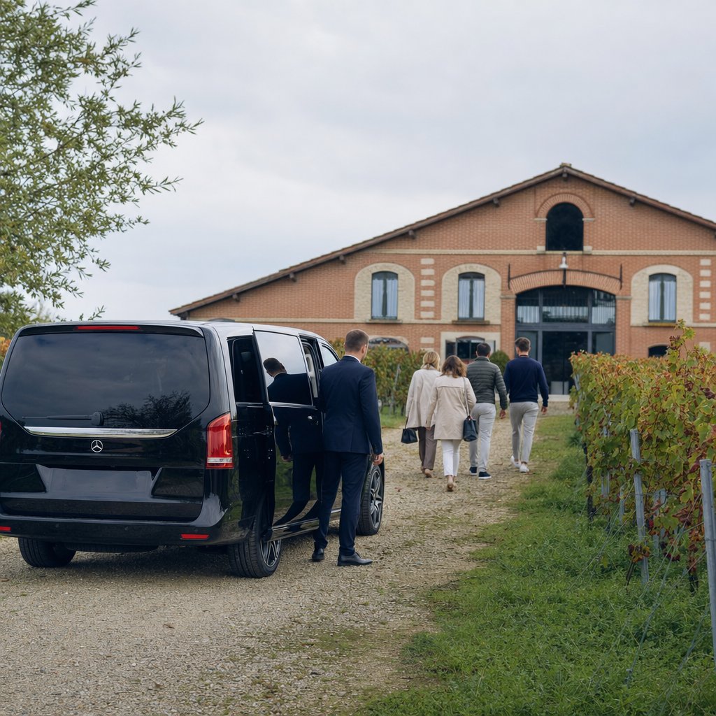 Chauffeur privé tourisme Toulouse — van Mercedes Classe V garé dans le vignoble de Gaillac, visiteurs se dirigeant vers un chai en brique pour une dégustation