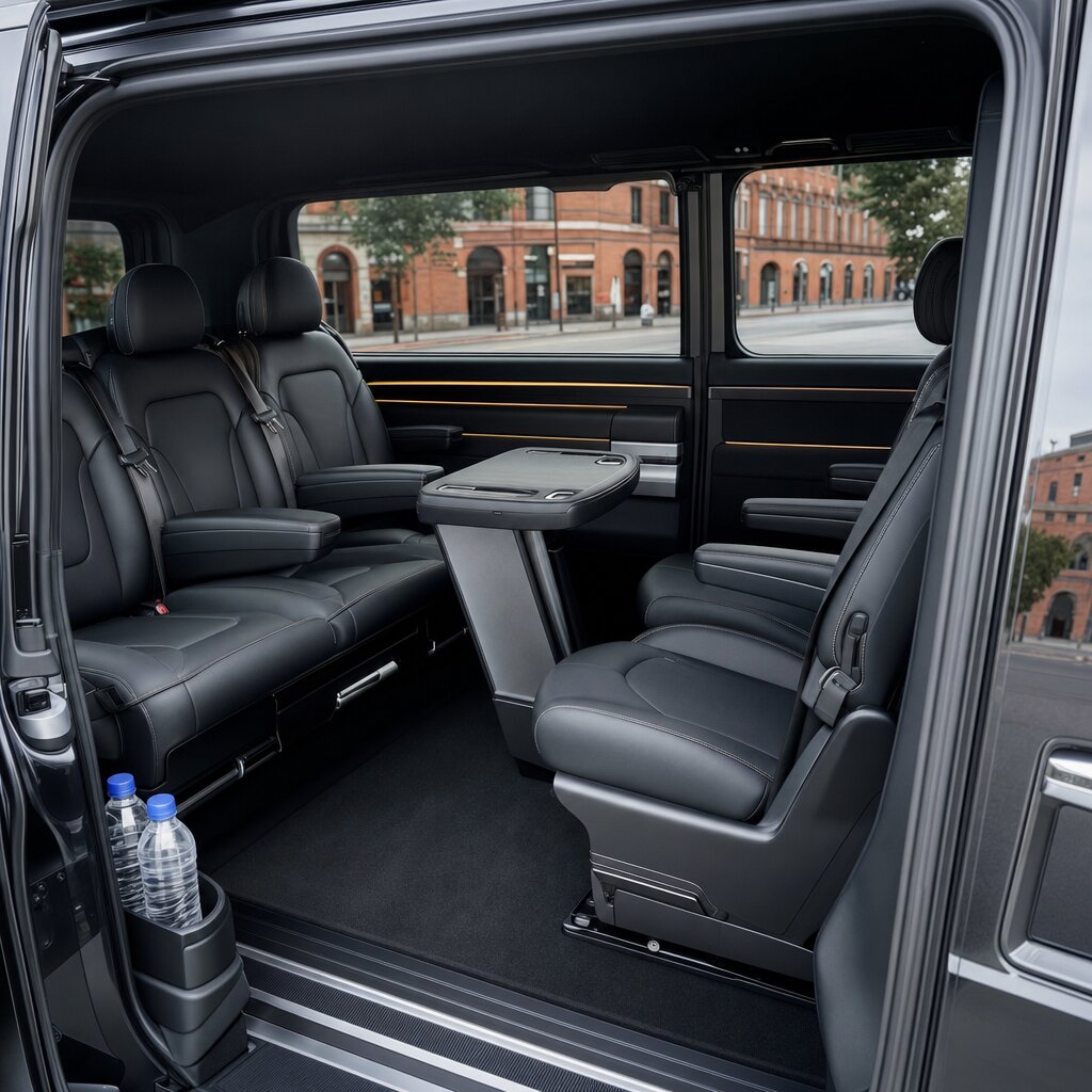 Intérieur d'un van Mercedes Classe V avec sièges cuir en vis-à-vis, alternative à la location de limousine à Toulouse