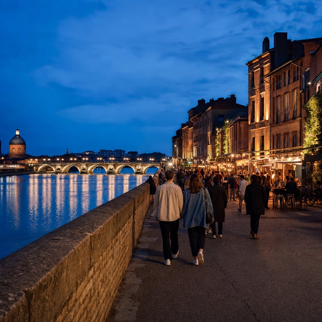 Vie nocturne Toulouse — quais de la Garonne et Pont-Neuf illuminés à la nuit tombée, bars et terrasses animées